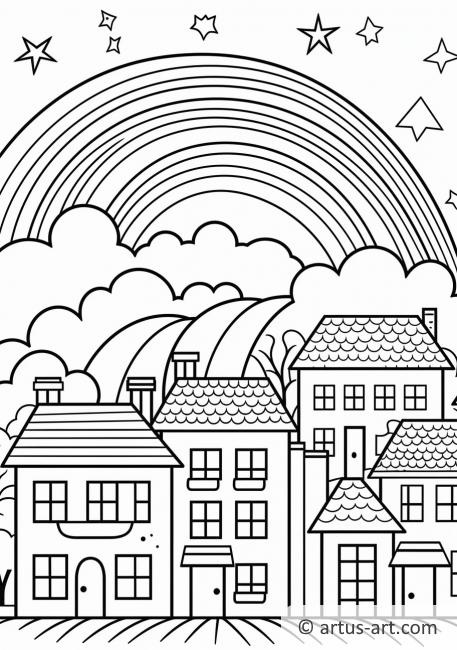 Page de coloriage Arc-en-ciel au-dessus d'une ville